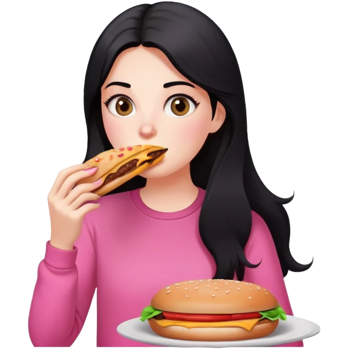 White girl in pink clothes and long black hair eating burger and pizza emoji