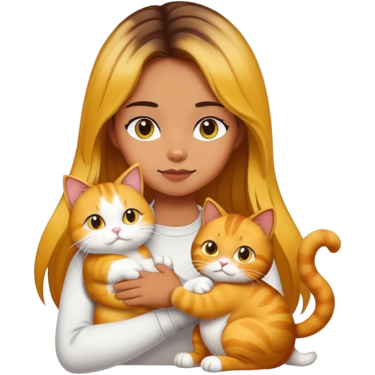Girl with yellow and black Balayage longhair  petting her a white Garfield cat and a brown Garfield cat emoji