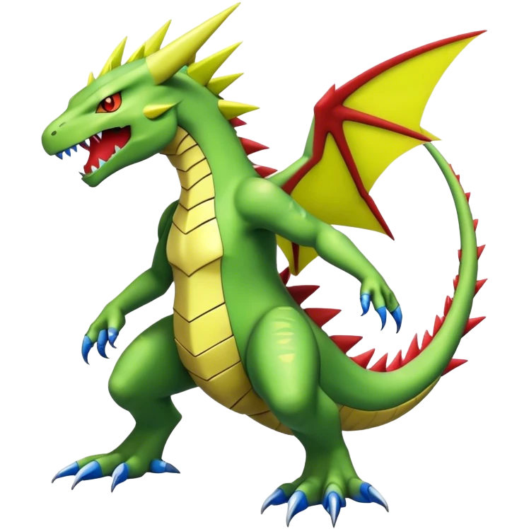 Cool edgy shiny Guilmon-Flygon-Tyranitar-Drudigon-Digimon-hybrid-fusion, yellow belly, full body emoji