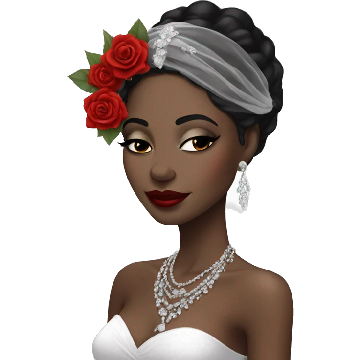 African bride. Makeup. Short black hair. Silver jewelry. Holding red roses. Eyes closed. emoji