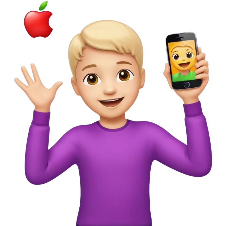 happy child dancing with a phone, both arms outstretched, apple style emoji emoji