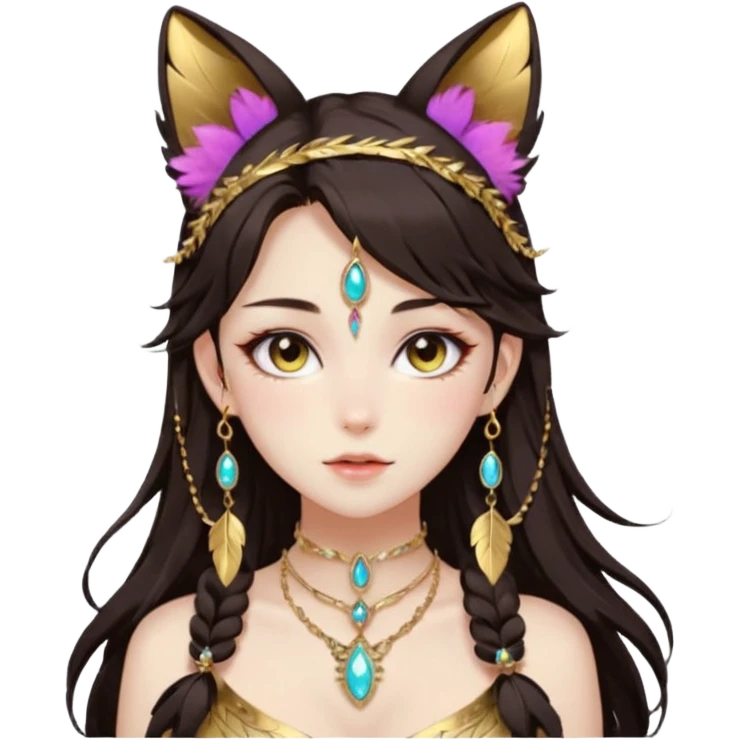 Beautiful gorgeous anime lady with beautiful dark-brown-special-hair, fashion aesthetic, ethereal, feather, accessories, gold jewelries, gold, colorful, feline ears emoji