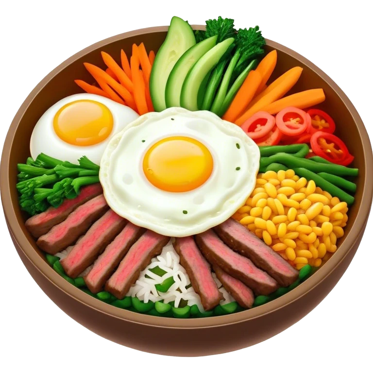 Cinematic Realistic Bibimbap Dish Emoji, showcasing a colorful bowl of mixed rice, assorted vegetables, beef, and a fried egg rendered with lifelike detail and vibrant, harmonious lighting. emoji
