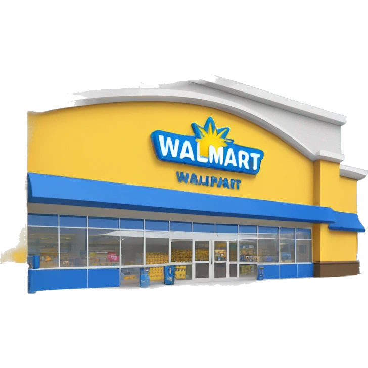 “Walmart store with a simple, recognizable design, featuring the iconic sunburst logo, blue and yellow color scheme, and storefront details that convey a large retail environment.” emoji