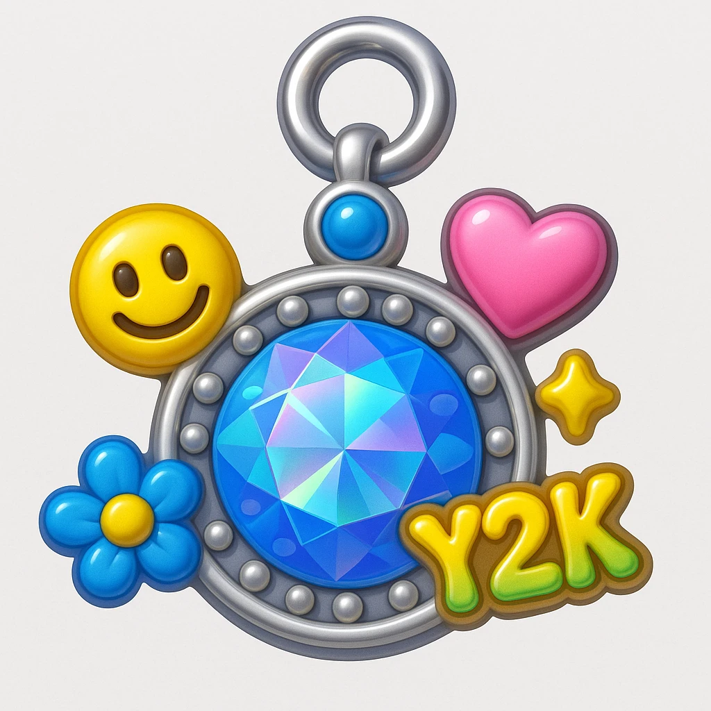 convert to a Y2K style charm: add a silver jump ring to the top for attaching to a bracelet or necklace, keep the holographic diamond, blue sapphire accent, and playful Y2K details, 3D emoji style emoji