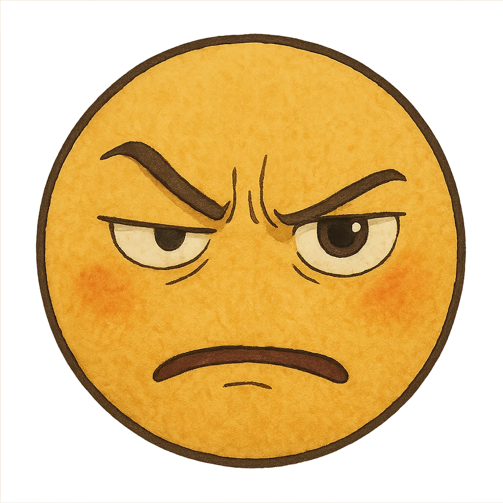 ghibli style yellow face with one eye half-closed and the other open, angry expression emoji