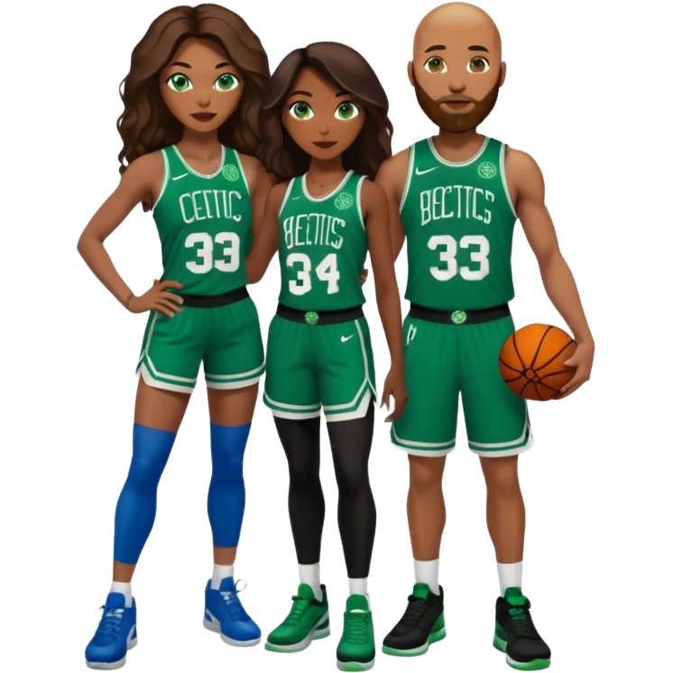 48-year-old dark black woman with brown eyes, long dark brown balayage hair dressed in sexy 
celtics jersey costume outfit & stilettos. Abald white man with ginger beard. he has blue eyes, wearing a Jason Tatum Boston Celtics Jersey, matching Nike sneakers  emoji