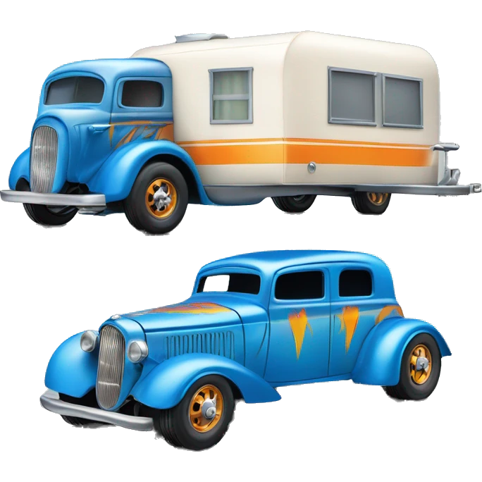 Hot wheels style, hot rod caravan,1935 pulling a  trailer, blue  emoji