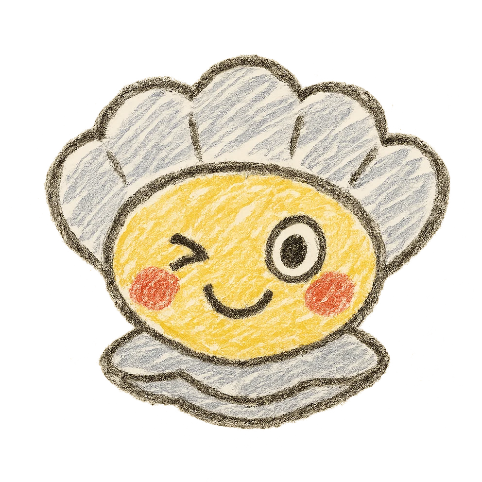 cute oyster with a winking expression, children doodle style emoji