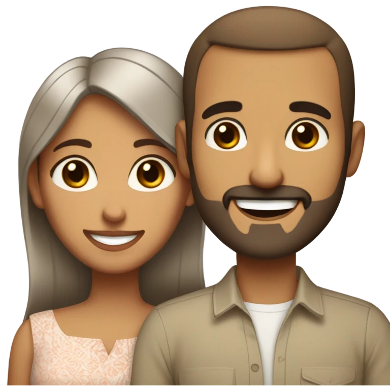 Brown-haired Puerto Rican woman with dark brown eyes wearing a cute blouse giving comforting hug to short, bald man with brown eyes, laugh lines, and a beard emoji