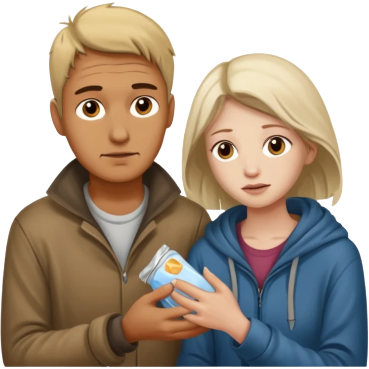 Man attending to a homeless woman emoji
