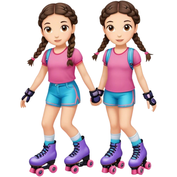 Cute girl, brunette with two braids, rollerskates emoji