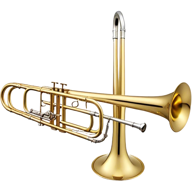 Create a sleek and professional emoji representing the Brahner TB-420 Bb/F tenor trombone. The design should feature the smooth, shiny brass body of the trombone with its distinct curved tubing and large bell. Highlight the tuning slide and the mouthpiece at the top of the instrument. The brass finish should be polished and reflective, with silver accents on the mouthpiece and tuning slide. Add subtle musical notes or soundwaves floating around the trombone to evoke its bold, brassy sound. Use golden and brass tones for the trombone with light reflections to emphasize its high-quality craftsmanship. The background should be transparent. emoji