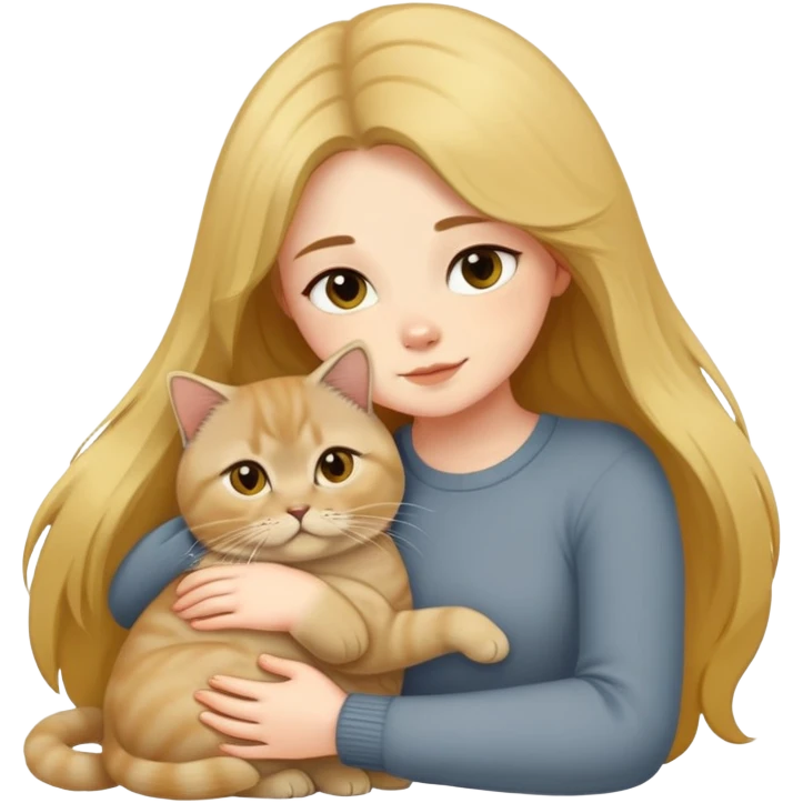 A long-haired girl hugs a Golden Shaded British shorthair emoji