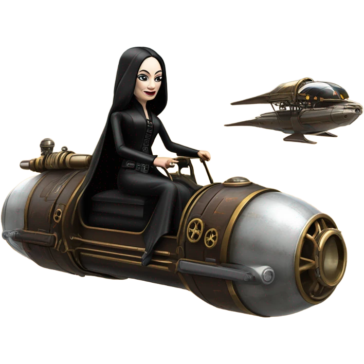 Jedi Morticia Addams flying a Jumpspeeder anti-gravity repulsorlift powered by an imperial speeder steampunk  emoji