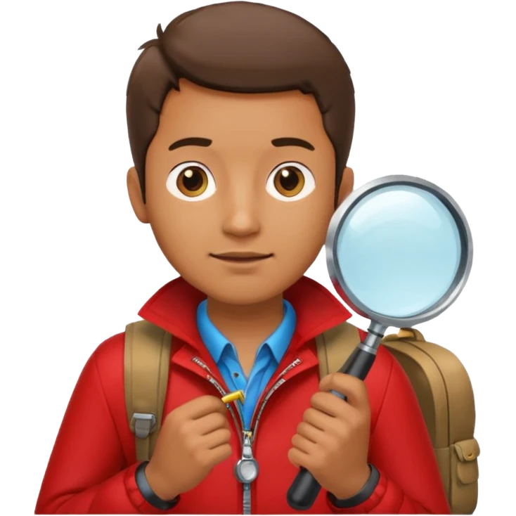 Explorer man with red jacket backpack and magnifying glass emoji