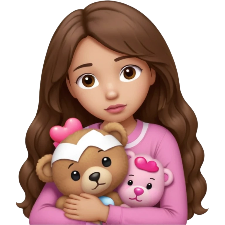 girl with long wavy brown hair, brown eyes, light to medium complexion, in a pink shirt, pink lips, long lashes, sad, hugging squeezing  a teddy bear with hearts emoji