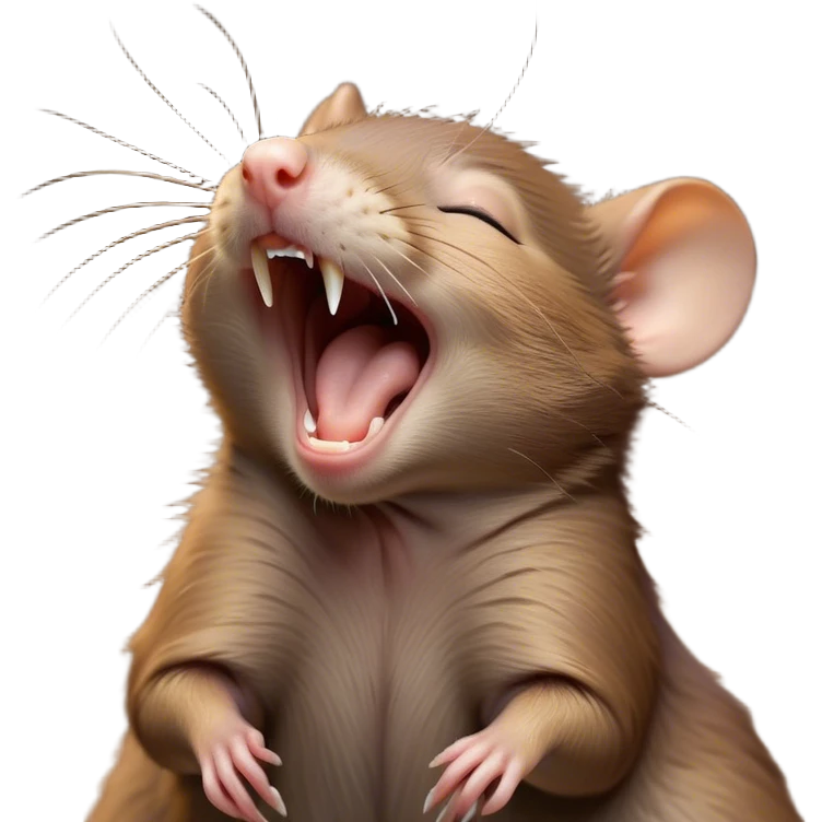 Cinematic Cute Yawning Brown Rat Portrait Emoji, Head tilted slightly with a dramatic, wide-open yawn, showcasing a soft, sleek brown coat with tiny drooping ears and half-closed eyes in drowsy contentment, Simplified yet irresistibly adorable features, highly detailed, glowing with a soft, cozy glow, high shine, relaxed yet expressive, stylized with a dash of urban charm, soft glowing outline, capturing the essence of a sleepy yet affectionate rat that seems ready to stretch out for a nap! emoji