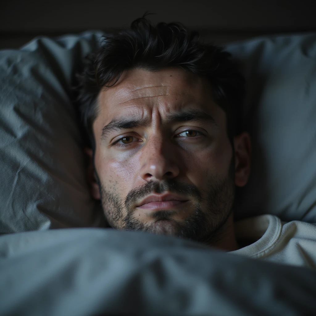 close-up hyperrealistic 4K image of a man with tired face, swollen eyes and dark circles, lying in bed, stressed expression, cold morning light emoji