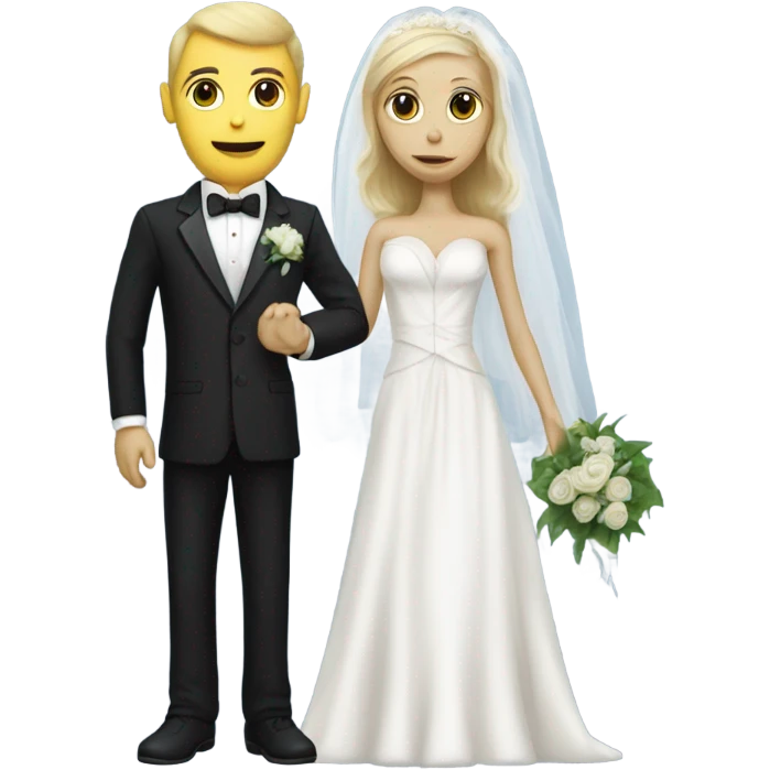 White humman man in a tuxedo, holding Alien reprilian woman in wedding dress, and one , hands getting married emoji