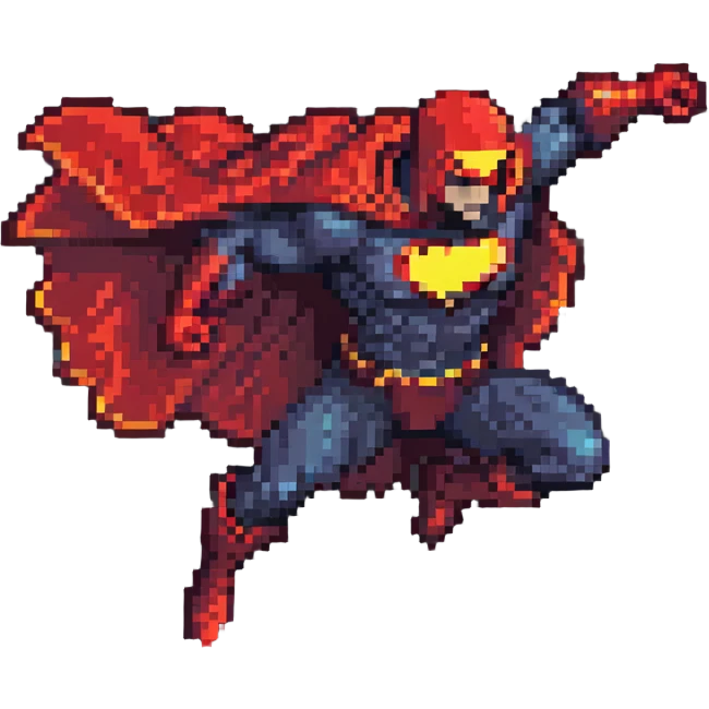 Omni-Man from Invincible, flying pose, red cape flowing, stern face, superhero suit, pixel art style emoji