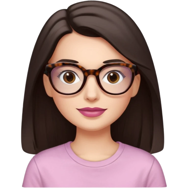 White woman with long straight dark brown hair divided in the middle, dark Brown eyes, light tortoiseshell framed glasses. The lips have soft old pink coloured lipstick, and light smile (no teeth showing). No make-up in the eyes. The t-shirt is White. emoji