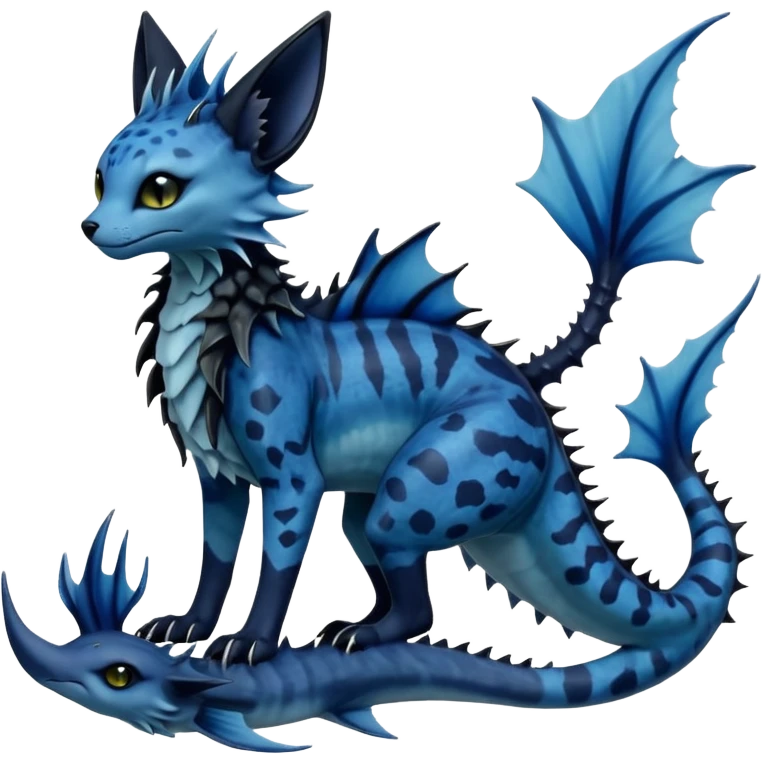 Epic complex abyssal fantasy swampy glorious detailed dark dusky gloomy deep gothic gloomy cobalt-blue-abyss-blue-black-greyish, realistic Fakémon-Sprigatito-Floragato-Meowscarada-Vaporeon-Salandit-Trico-Sergal-Serval-Vernid-creature (full body) with fins, shiny sparkly, iridescent emoji