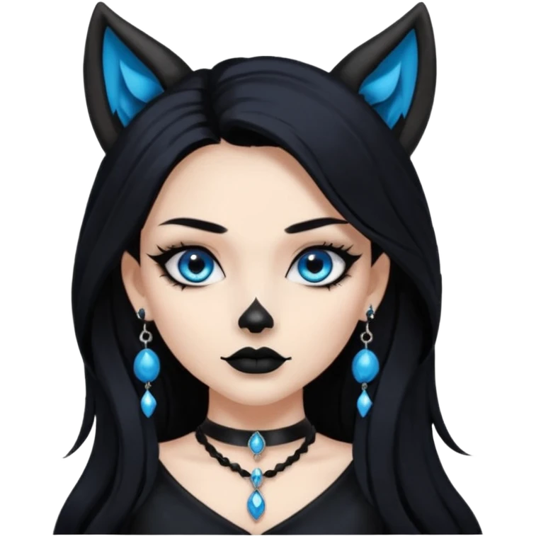 A girl with long black hair and blue eyes, black eyeshadow, black eye liner, mascara, and black lipstick, and black skull earrings. Also a black sexy dress and wolf ears  and a black pendent   emoji