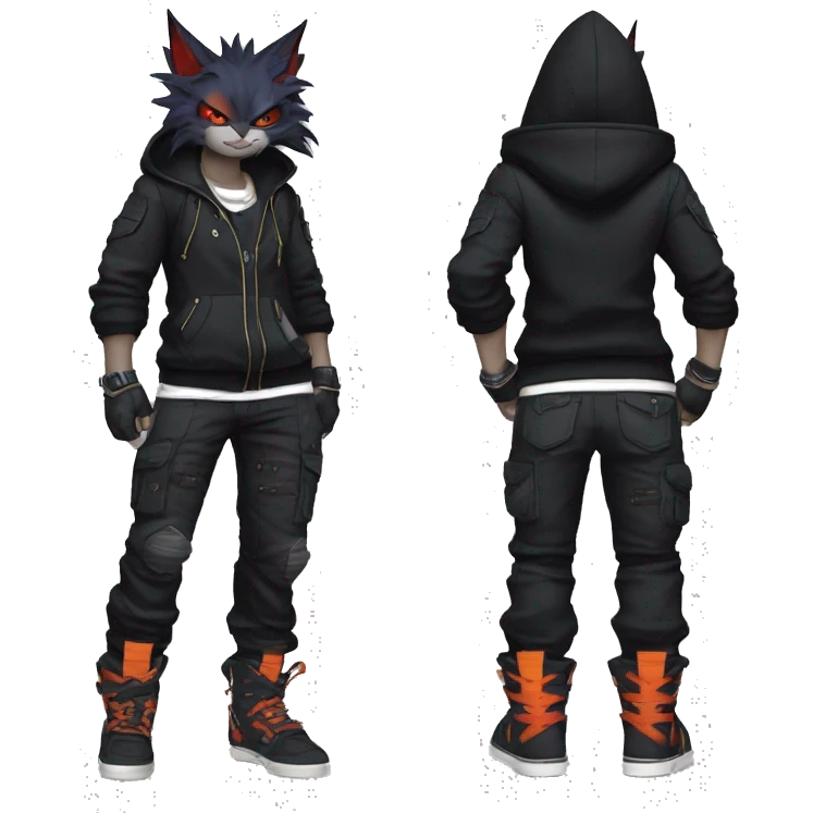 Cool Anthro Black Bat-Nargacuga-Litten-cat-Pokémon with edgy stripes hoodie spiked collar punk techwear Cargo Pants Full Body emoji