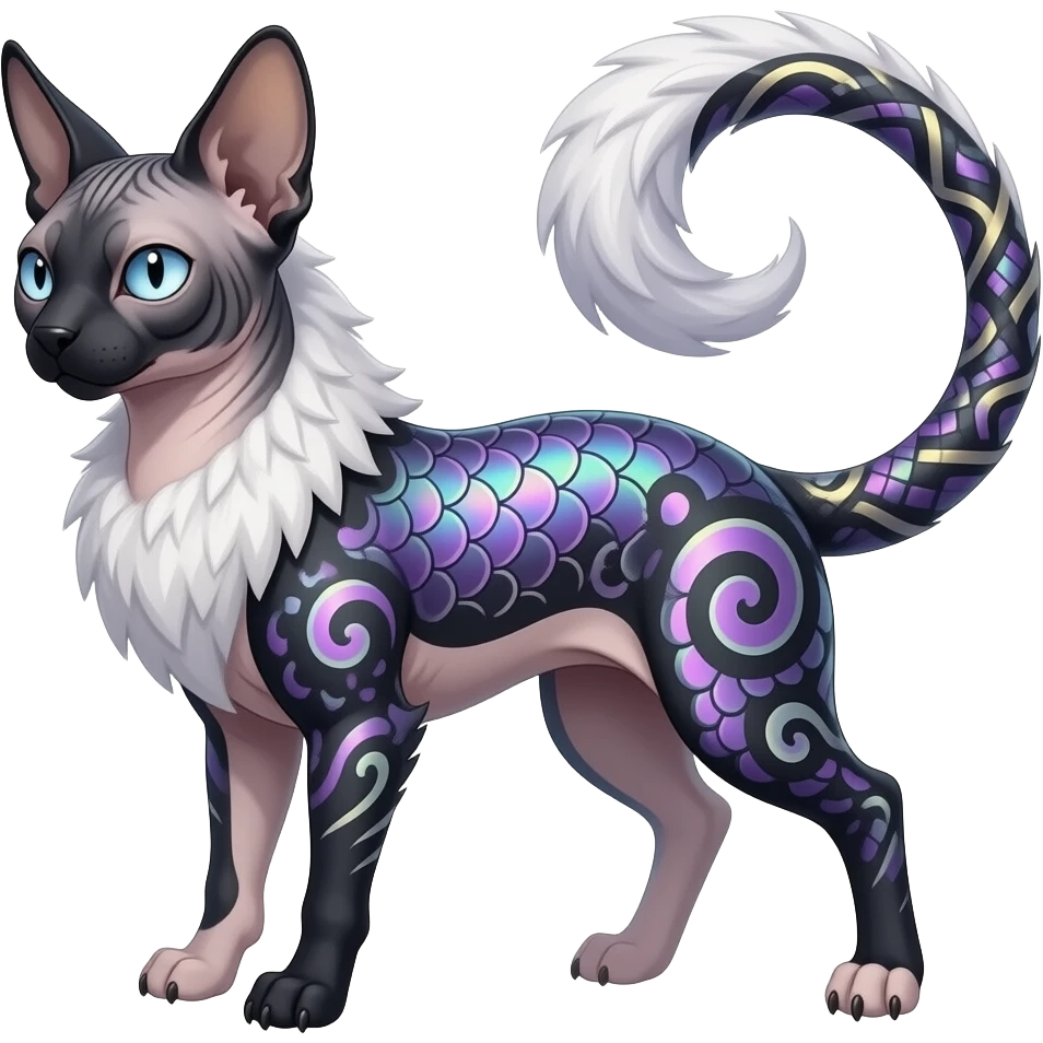 Furry, fluffy tropical flecked painted feathery scaly, Purple, white, black, Minccino-Sphynx-Lykoi-Linoone-Zangoose-fusion-hybrid-animal-Fakémon-creature, full body, thin long sleek scaly tail, intricate markings emoji