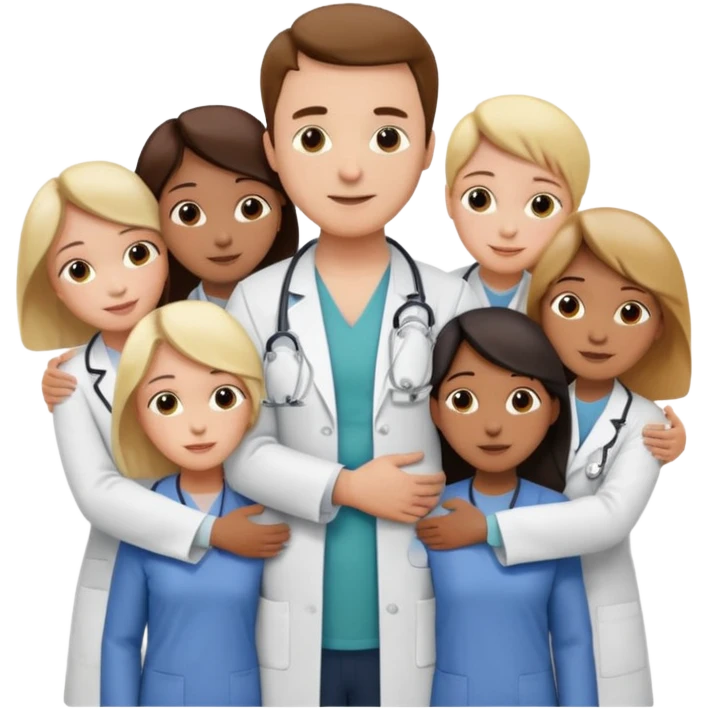 smedico abraçando varios pacientes, ele usando jaleco, e os pacientes usando roupas comuns emoji