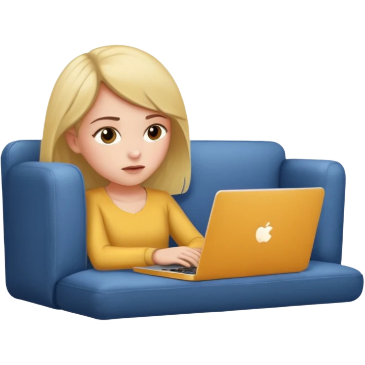 A girl is working with a laptop while lying on the sofa emoji