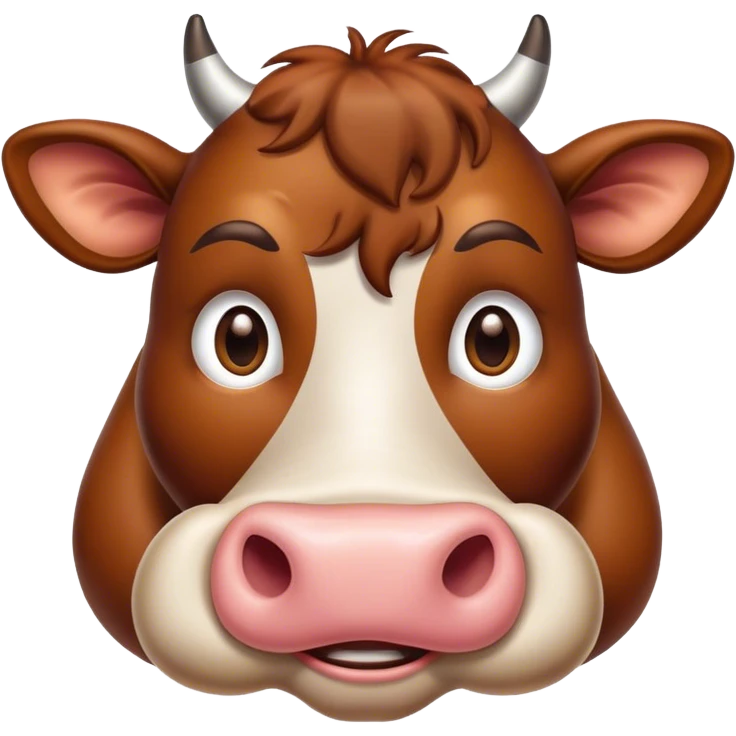 Cinematic Comical Brown Cow Portrait Emoji, Head tilted dramatically with an exaggeratedly amused expression, featuring a striking, glossy brown hide with a playful natural pattern, wide, expressive brown eyes filled with humorous disbelief, Simplified yet hilariously expressive features, highly detailed, glowing with a slightly sassy glow, high shine, dramatic yet playful, stylized with an air of cheeky farmyard mischief, bright and endearing, soft glowing outline, capturing the essence of a spirited and over-the-top cow, so meme-worthy it feels like it could moo its way into internet fame instantly! emoji