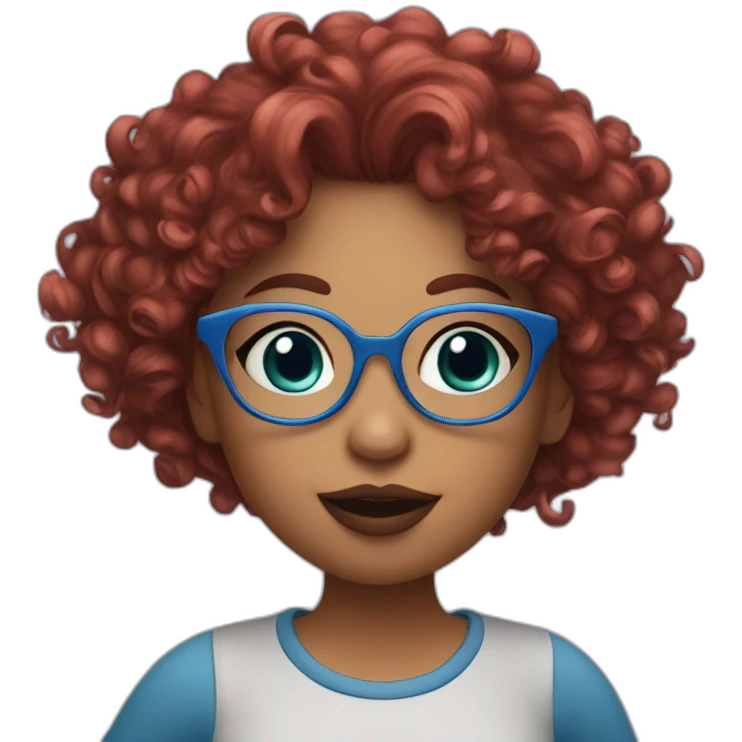 a curvy girl with curly red hair and blue glasses blowing a kiss emoji