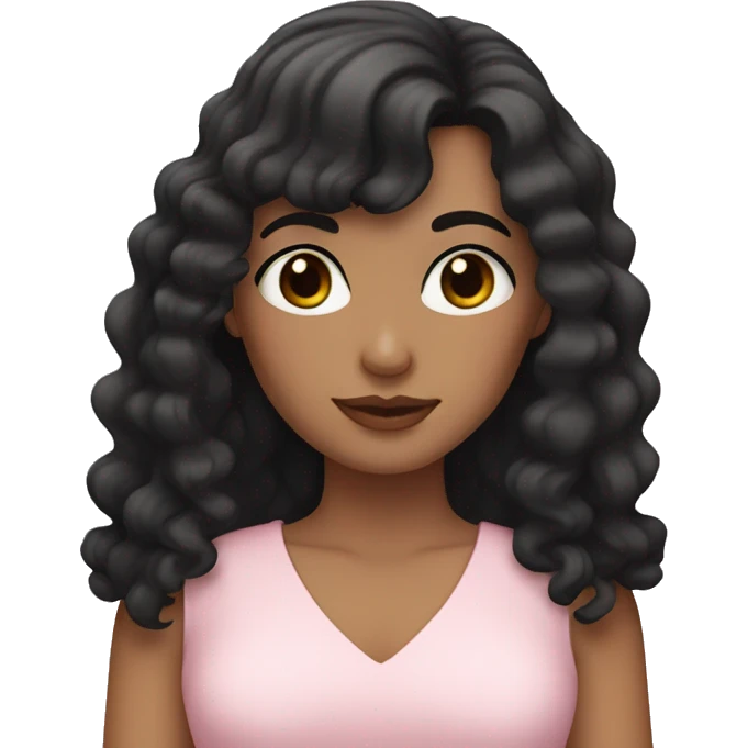 White woman with long black curly hair and bangs and dark brown eyes, wearing a pastel pink dress emoji