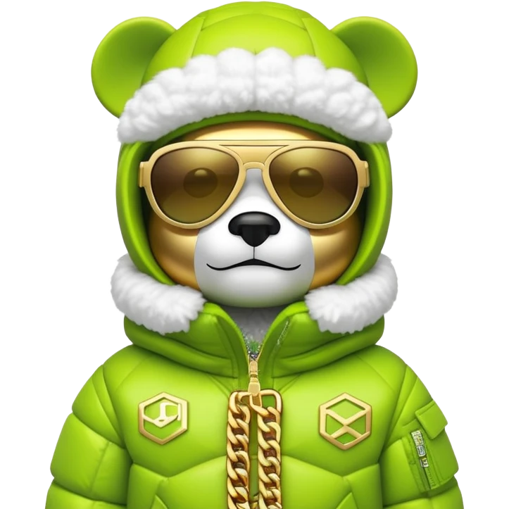 geometric bearbrick in lime balaclava with brand logos, luxurious puffy winter jacket with fur collar, futuristic one-piece shield sunglasses, multiple gold chains, hip hop style emoji