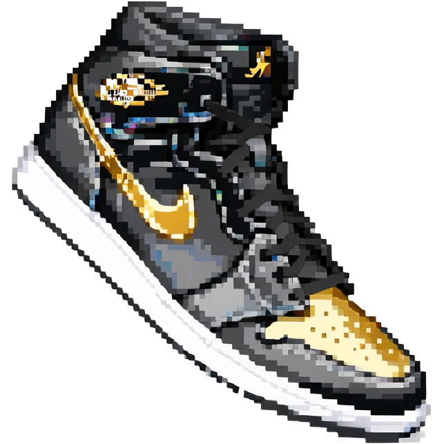 Jordan 1 sneaker, all black with a metallic gold swoosh emoji