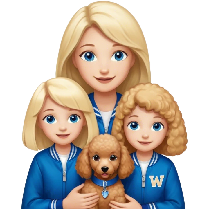smiling mother in letterman jacket with W and Blue eyes, two Little girls Long blond straight hair and Blue eyes and one brown poodle puppie emoji