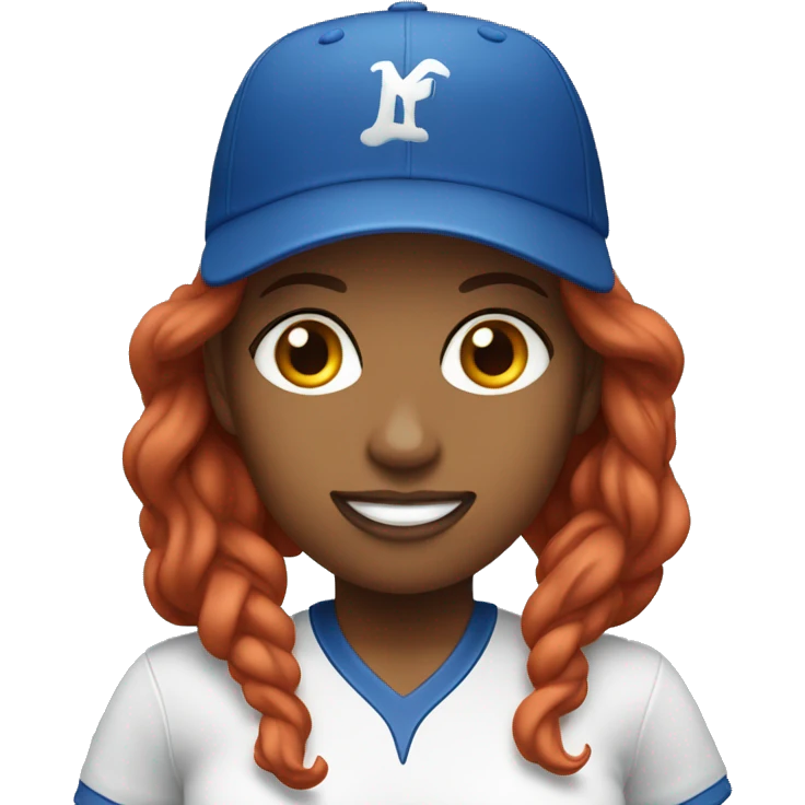 front facing standing up female coach with long red hair, wearing a white t-shirt and a simple baseball blue hat emoji