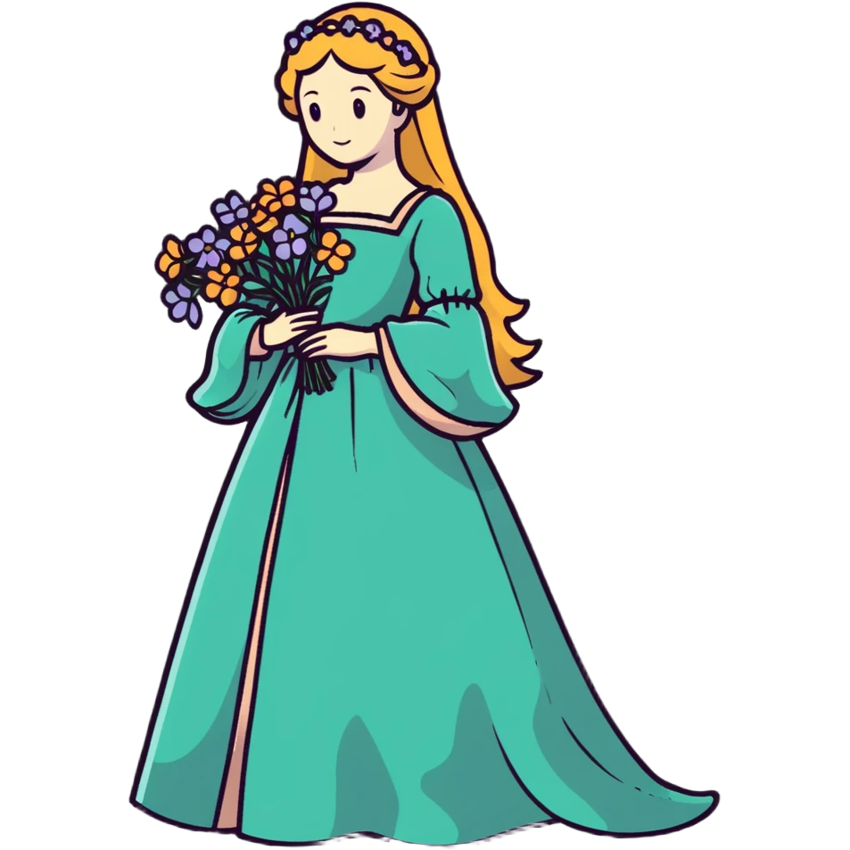 Ophelia from Shakespeare's Hamlet looking distressed, scattering flowers, wearing a medieval gown, based on both the tragic character and Millais' painting emoji