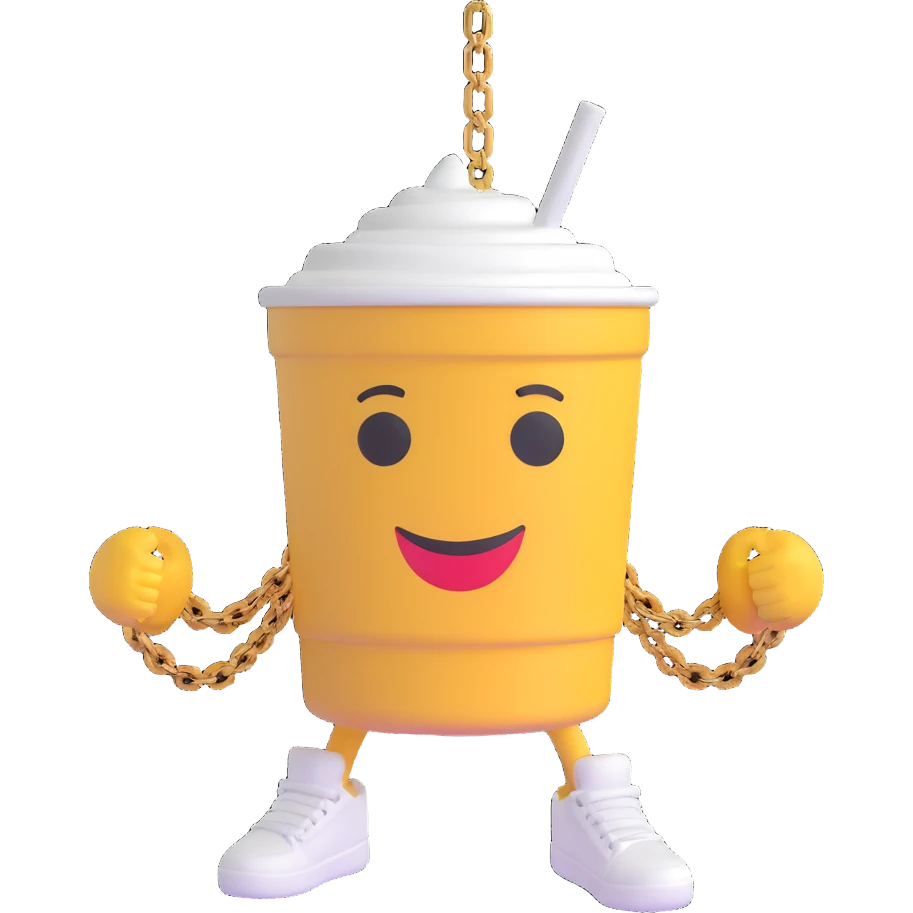 3D cartoon character of a Styrofoam cup of lean (purple drank), with a friendly face, arms, a gold chain, and Jordan sneakers, simple style emoji