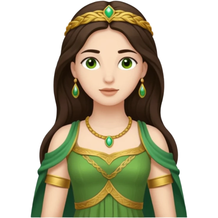 Juno, Marriage Goddess from Rome Mythology with long dark brown hair, green outfit, fair skin emoji