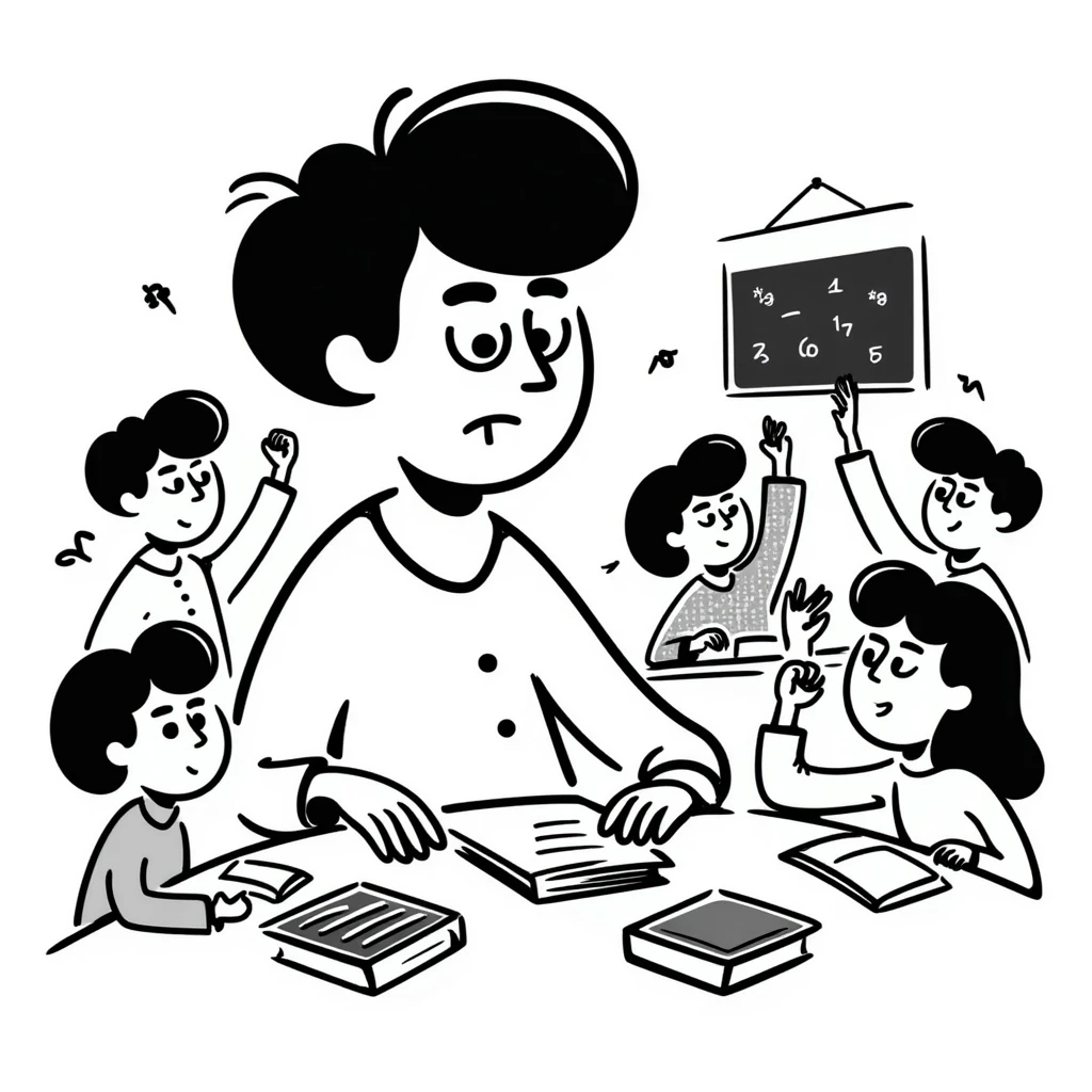 exhausted teacher in a bustling classroom emoji