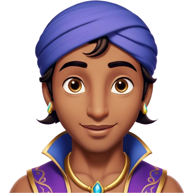Cinematic Realistic Aladdin Portrait, head tilted playfully and inquisitively, showcasing his roguish charm and bright, mischievous eyes. His signature attire is rendered in exquisite detail with dynamic natural highlights, and a hint of magic sparkles about him—embodying a youthful, adventurous energy with friendly power. emoji