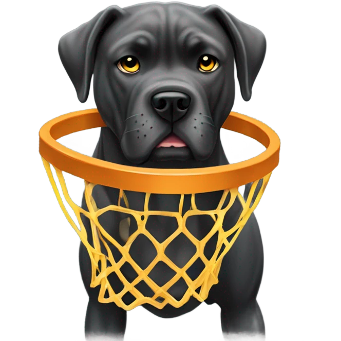  A black Cane Corso dunking a basketball wearing a gray and gold cape. emoji