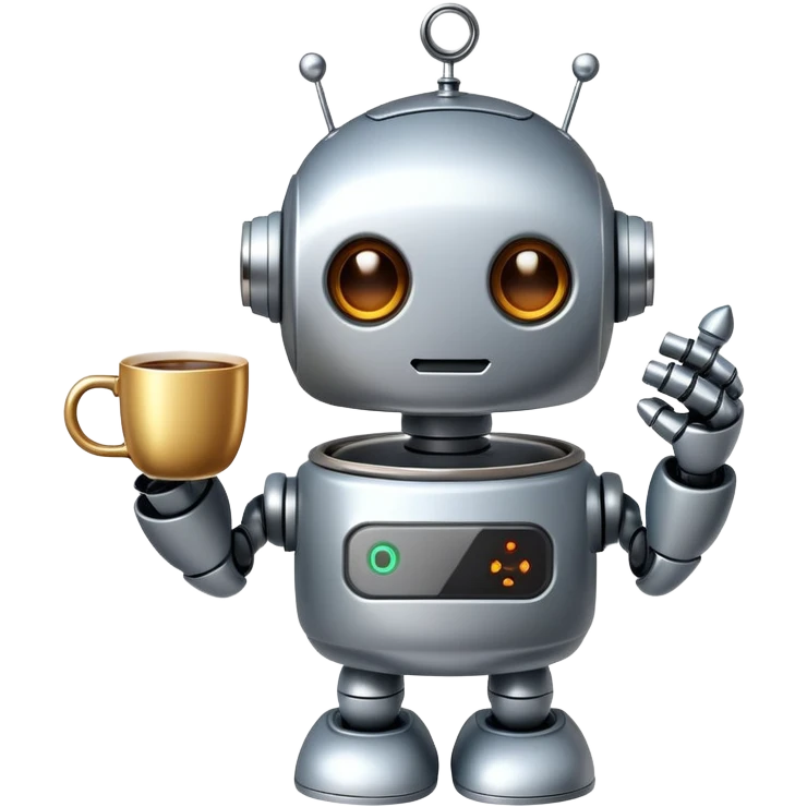 A cute robot holding a steaming coffee mug emoji