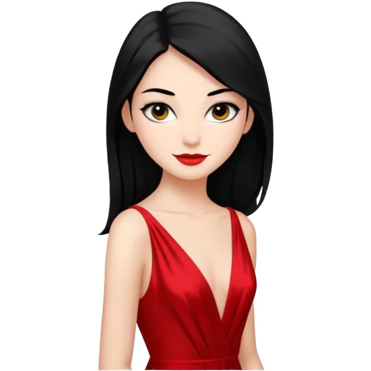Chica súper joven y delgada con delineado con vestido rojo escotado en la espalda y pelo semi largo negro, con sonrisa coqueta emoji