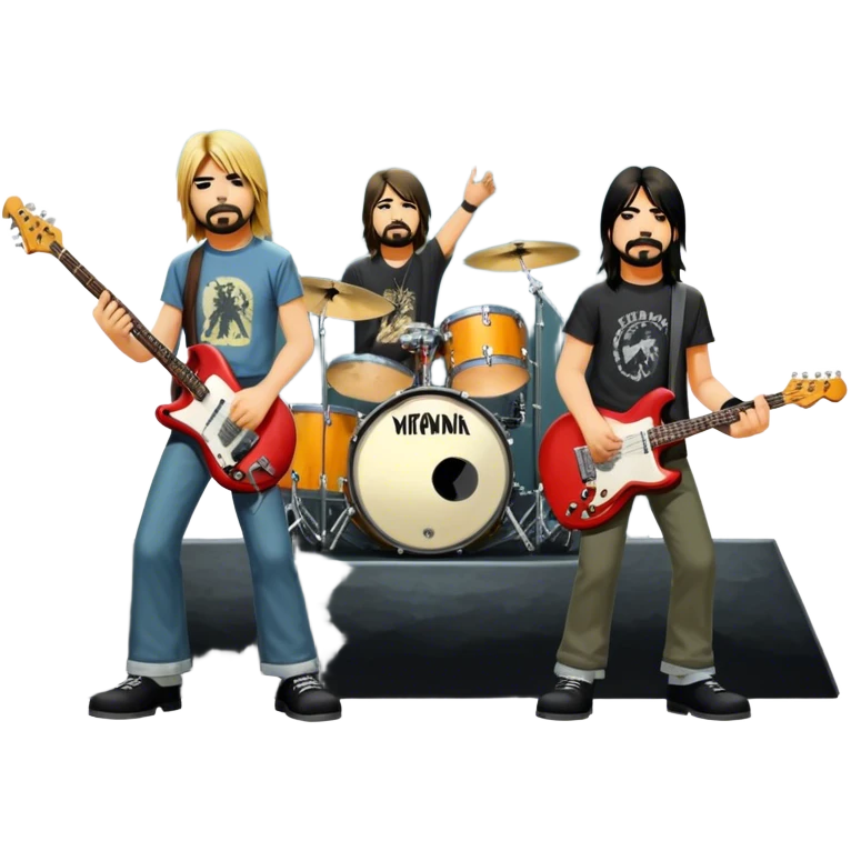 Icon for Rock Music: Nirvana performing on stage with Kurt Cobain on guitar and vocals, Krist Novoselic on bass, and Dave Grohl on drums. A grunge-inspired vibe with dynamic stage lighting and musical energy. Transparent background. emoji