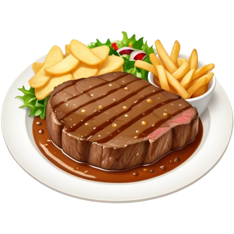 big juicy australian steak meal featuring chips, small salad in a ramiken and gravy  emoji