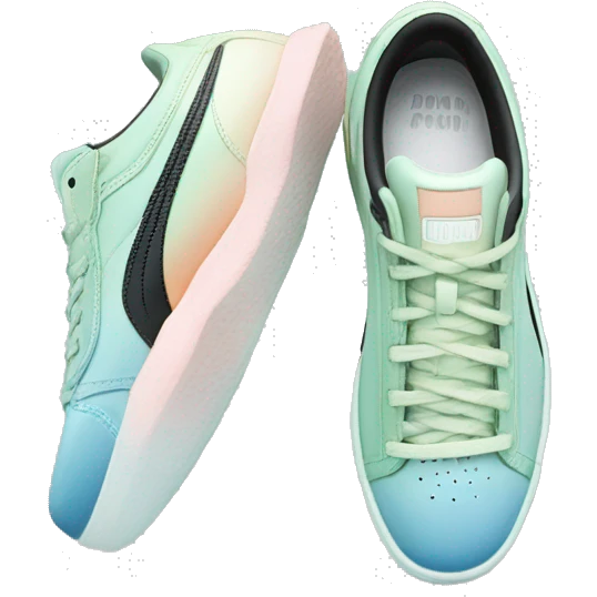 Realistic Isolated front view pair of pastel blue pastel green peach and black ombre Puma sneakers.  emoji
